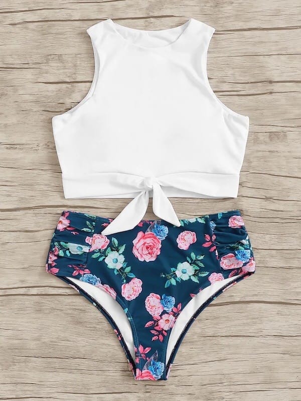 Knot front top with Dot High Waist Bikini Set new Prints 2022