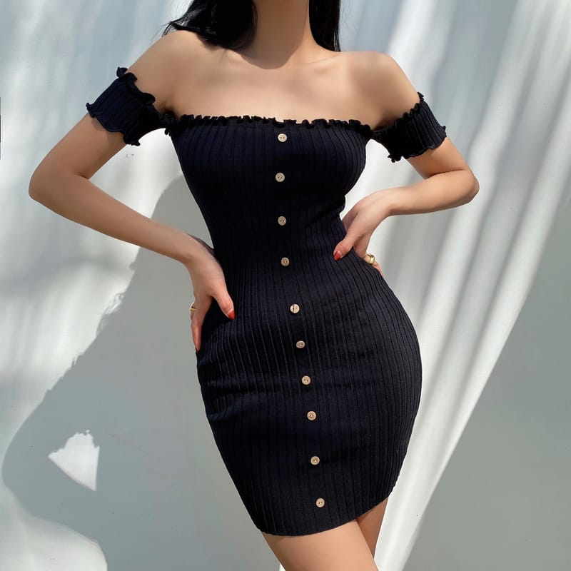 Women Light Grey Bodycon off Shoulder Ribbed Mini Dress with Lettuce Trimming and Buttons detail