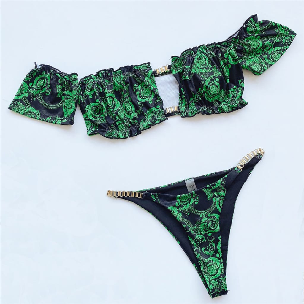 Women Green Tribal Print off Shoulder Ruffled Frilled Bikini Set with Rust Gold Chain Decor