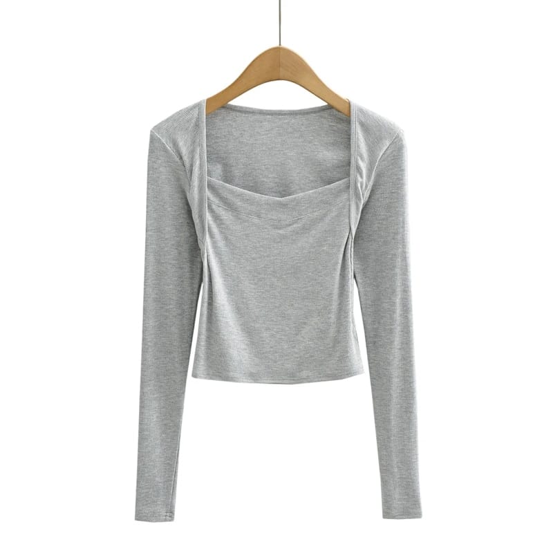 Women Light Gray Square Neck Ribbed Long Sleeve top
