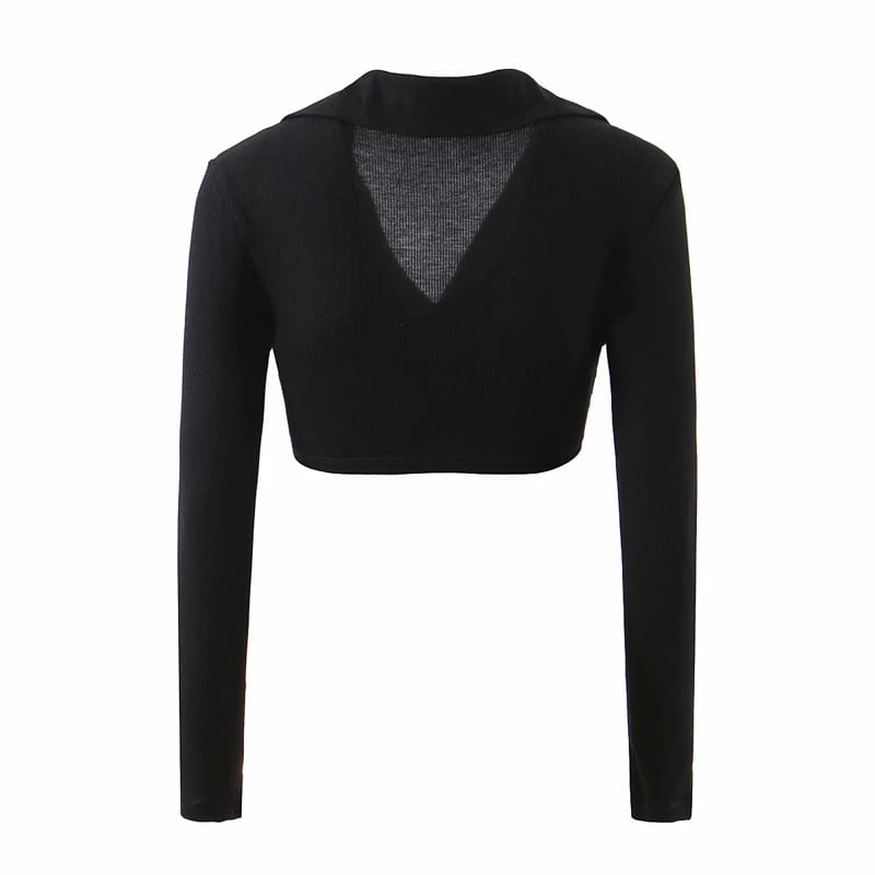 Women Ribbed Black Long Sleeve Deep V Neck Wrap Super Crop top with Collar