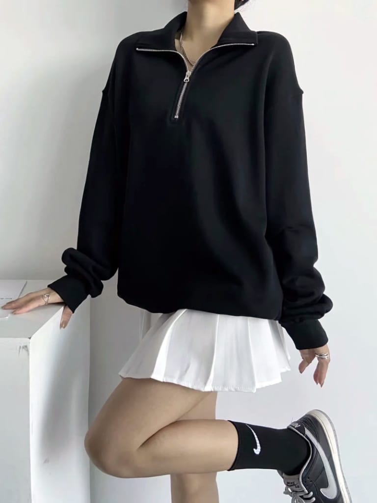 Women High Neck Half Zip Oversized Sweatshirt Drop Shoulder