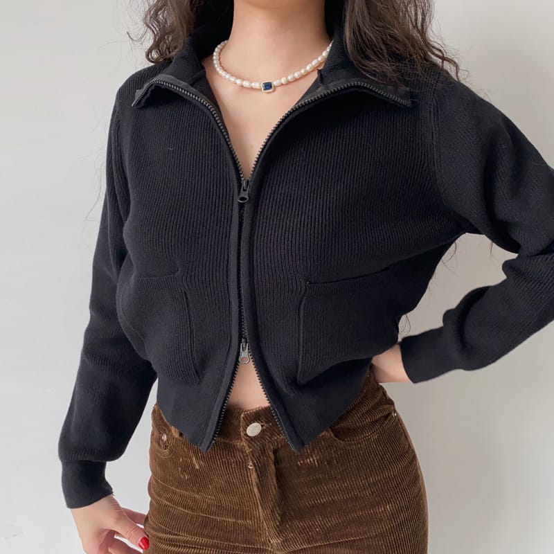 Women Brown Dual Zipper Knit Cardigan with Pockets detail