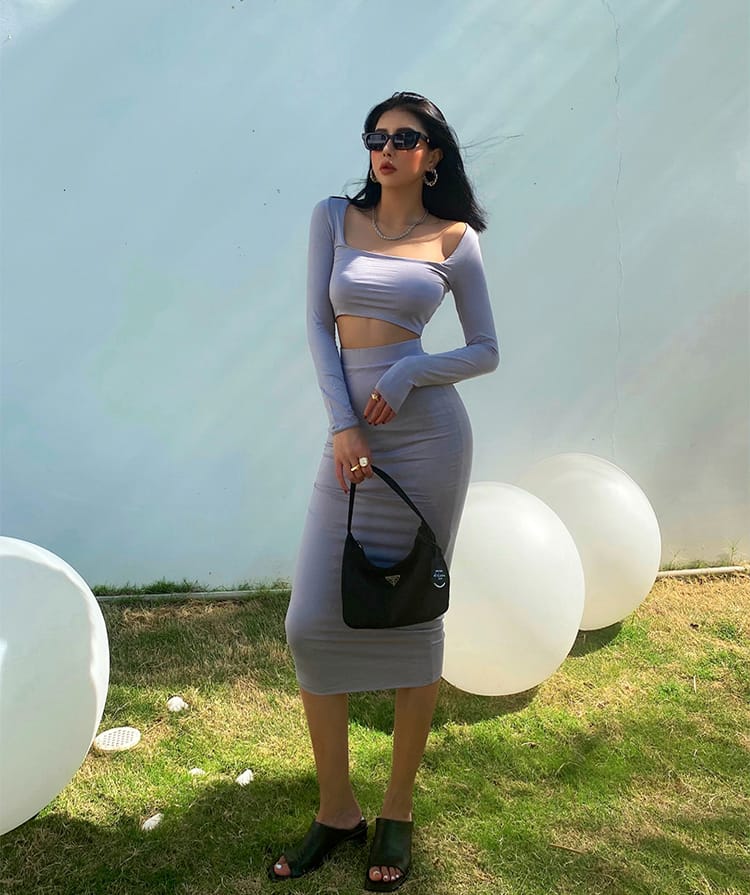 Women Grey co Ord Square Neck Long Sleeves Crop T-shirt and Bodycon Midi Two Piece Skirt Set