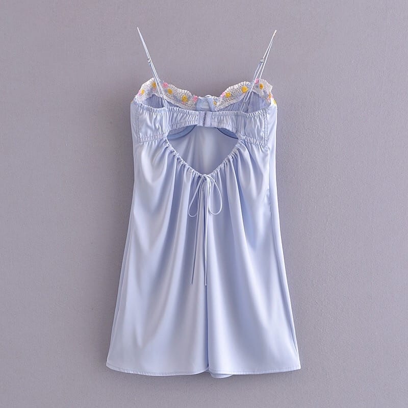 Women Light Blue Satin Bustier Cami Strap A-line Backless Mini Dress with Embroidered detail
