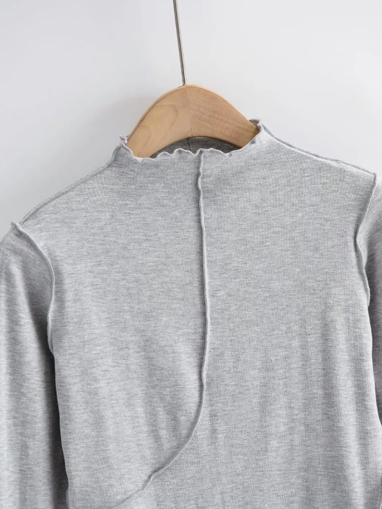 Women Gray Asymmetric Long Sleeve T-shirt with Lettuce Trimming detail