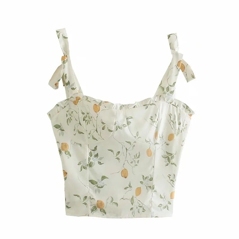 Women White Floral Cami Strap top with Center Bow and Ruched Bodice detail Tank