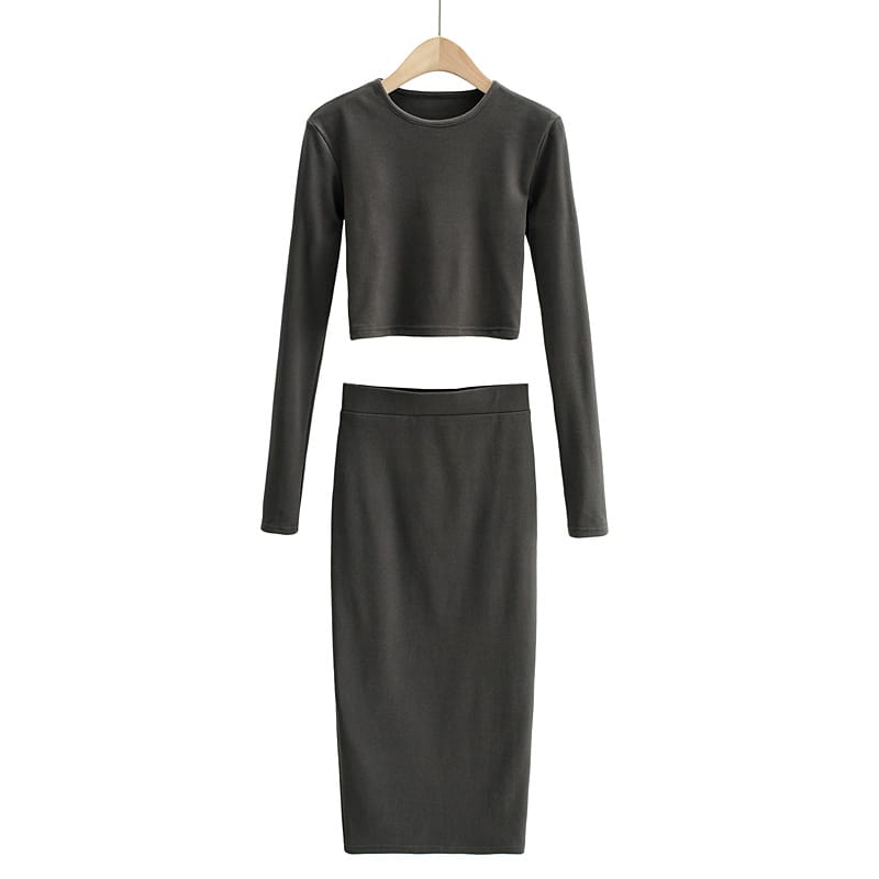 Women Dark Grey Casual Co-ord Fit O Neck Long Sleeve Crop top and Midi Skirt Set