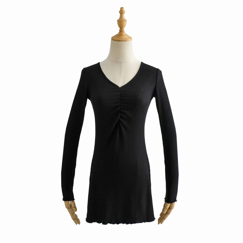 Women Black Long Sleeve Ruched V Neck Bodycon Ribbed Mini Dress