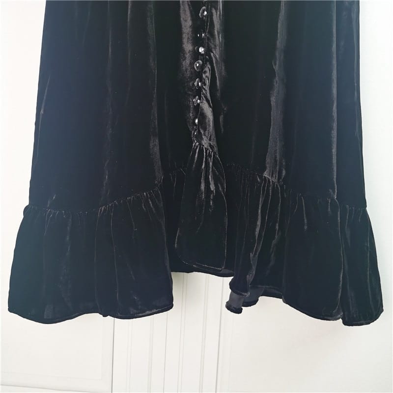 Black Vintage Velvet Loose Single-breasted V-neck 3/4 Sleeve Mini Dress