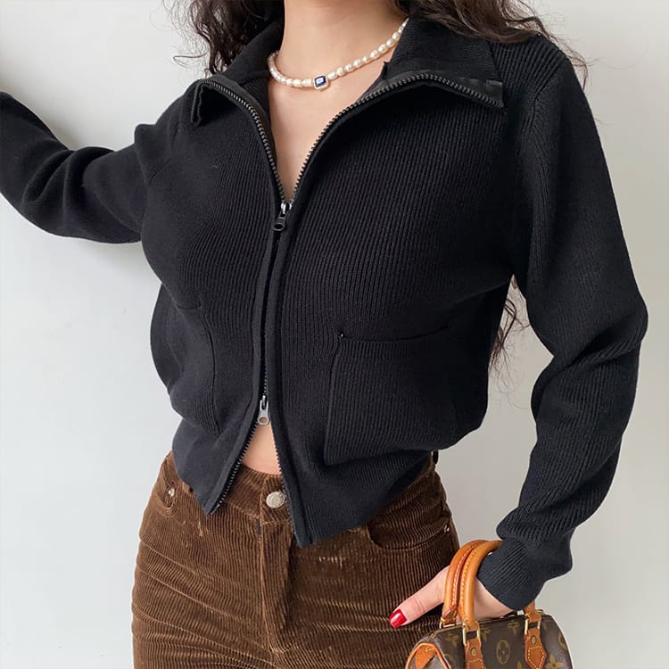 Women Brown Dual Zipper Knit Cardigan with Pockets detail