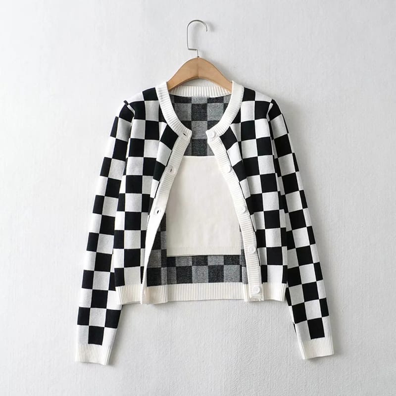 Women Black & White Knit Bralette and Checkboard Print Cardigan Set Cardi