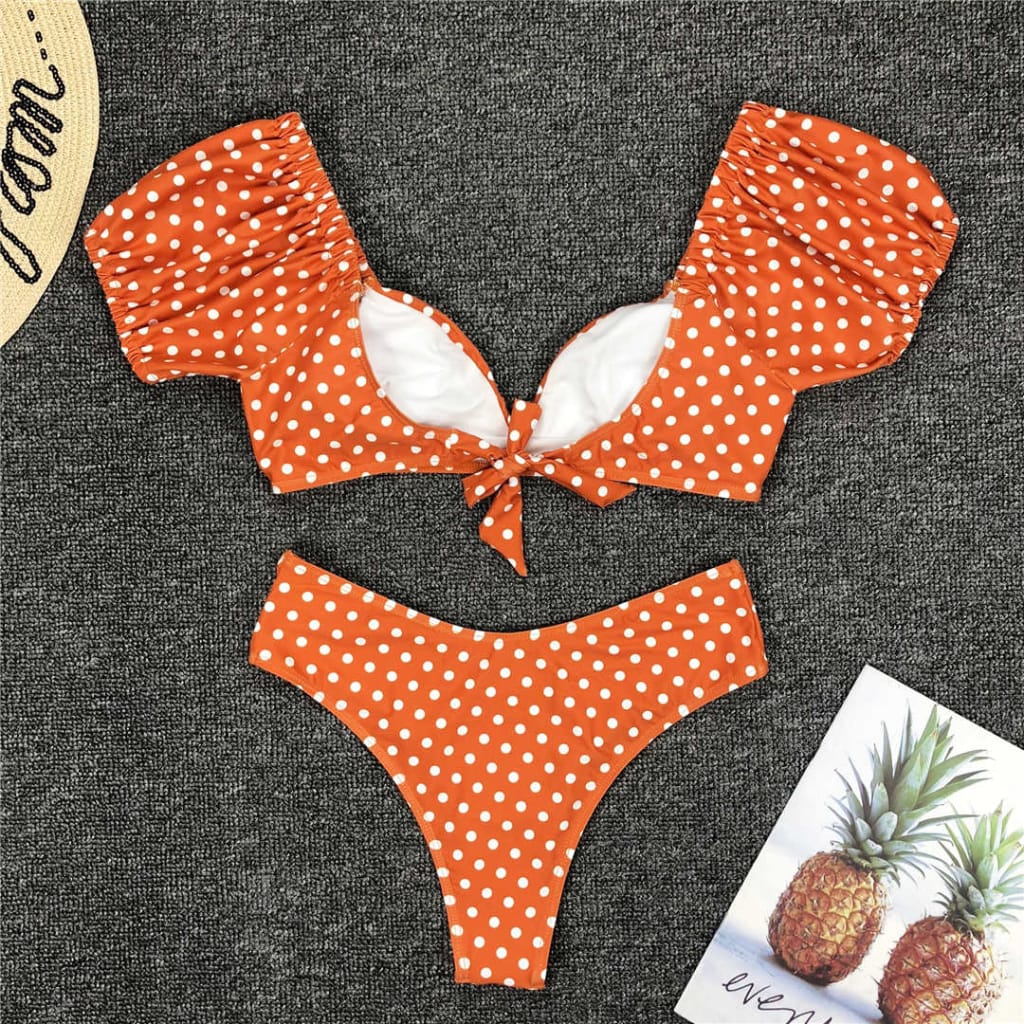 Women Orange Polka Dot Sort Puff Sleeve Vintage V Neck Mid Waist Tie back Bikini Set