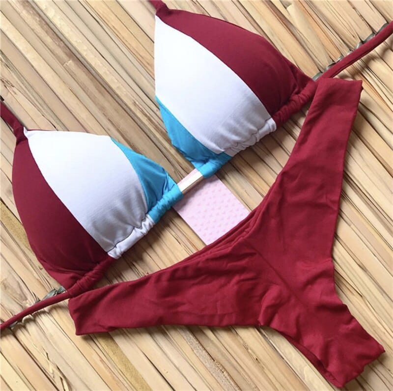 Color Block Hot Pink Blue Brown Bikini Set Women’s Swimming Suit Halter Drawstring Bathing