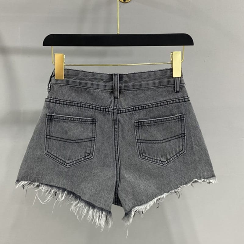 Women Pink High Waist Distressed Denim Jeans Shorts with Tassel Star Mesh detail