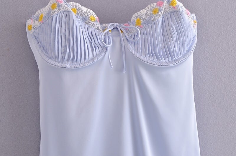 Women Light Blue Satin Bustier Cami Strap A-line Backless Mini Dress with Embroidered detail