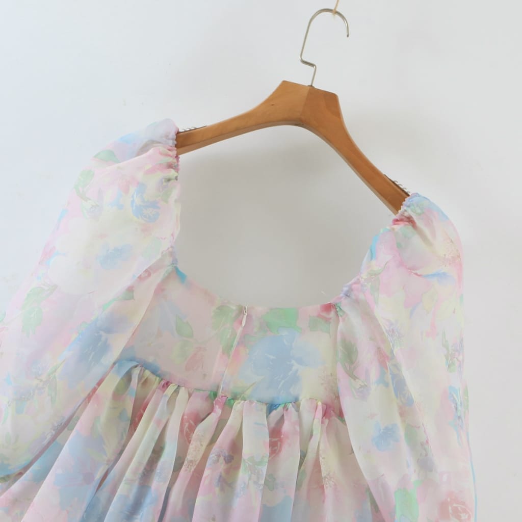 Tie Dye Colored Organza Floral Print Short Puff Sleeve Square Neckline A-line Pleated Mini Dress