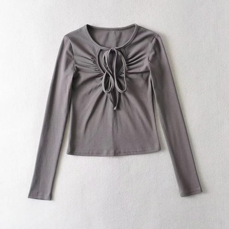 Women Gray Long Sleeve Center front Keyhole Tie Drawstring Neckline Fitted T-shirt