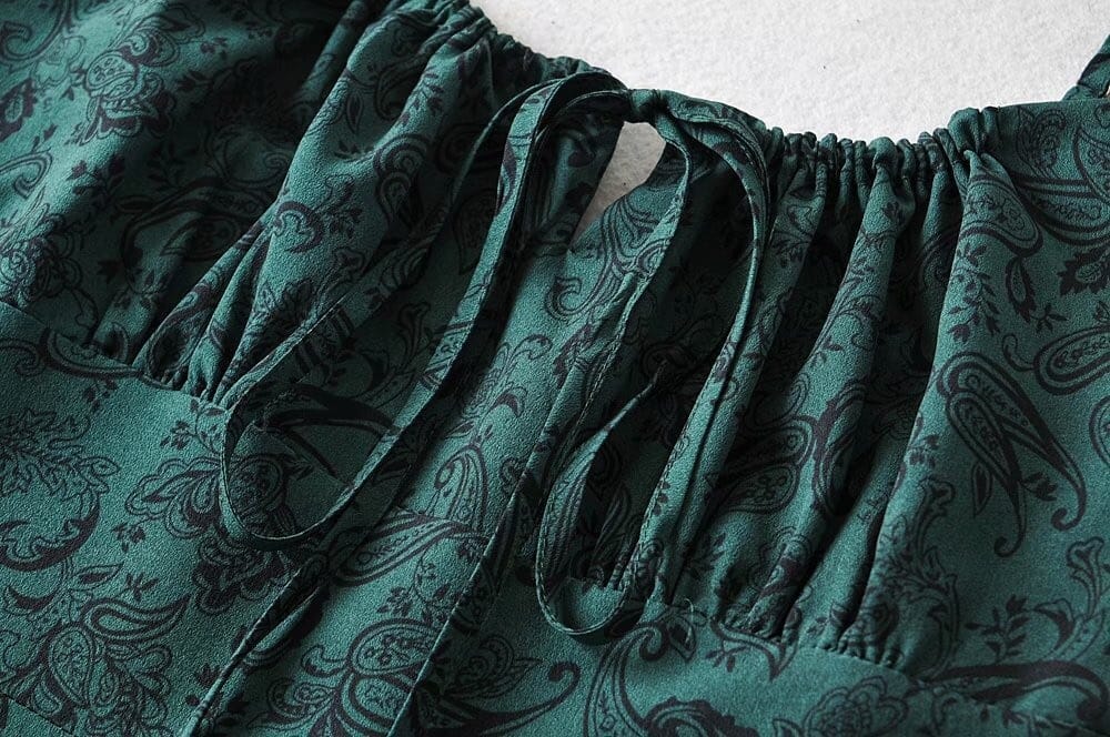 Green Floral Print Slit Mini Dress with Adjustable Cami Strap and Ruched Bodice Center Tie detail