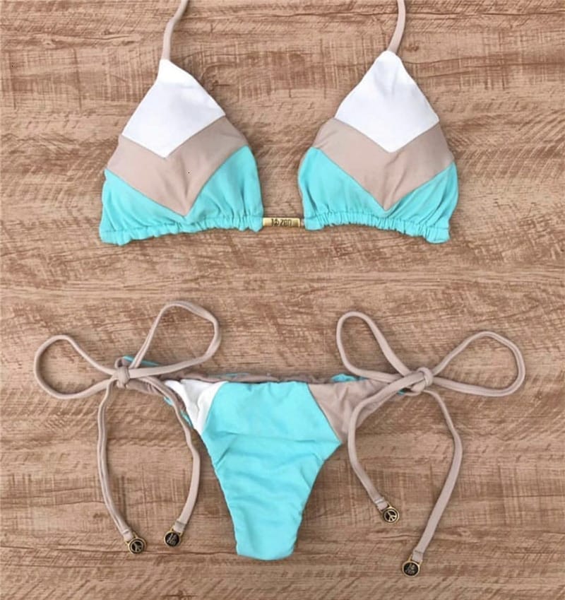 Color Block Hot Pink Blue Brown Bikini Set Women’s Swimming Suit Halter Drawstring Bathing