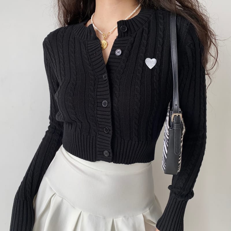 Women Dark Grey Cable Knitted Cardigan with White Heart Patch Cotton Knit Cropped