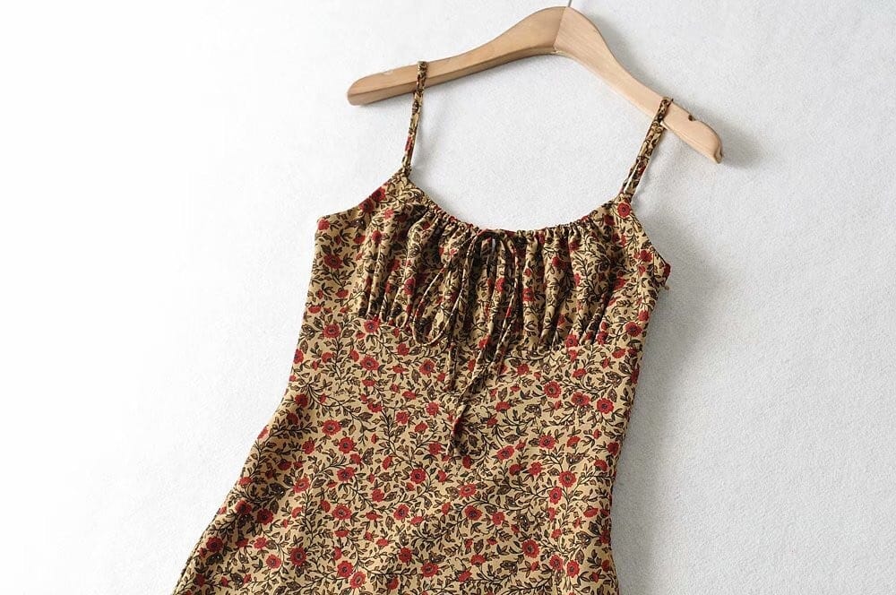 Green Floral Print Slit Mini Dress with Adjustable Cami Strap and Ruched Bodice Center Tie detail
