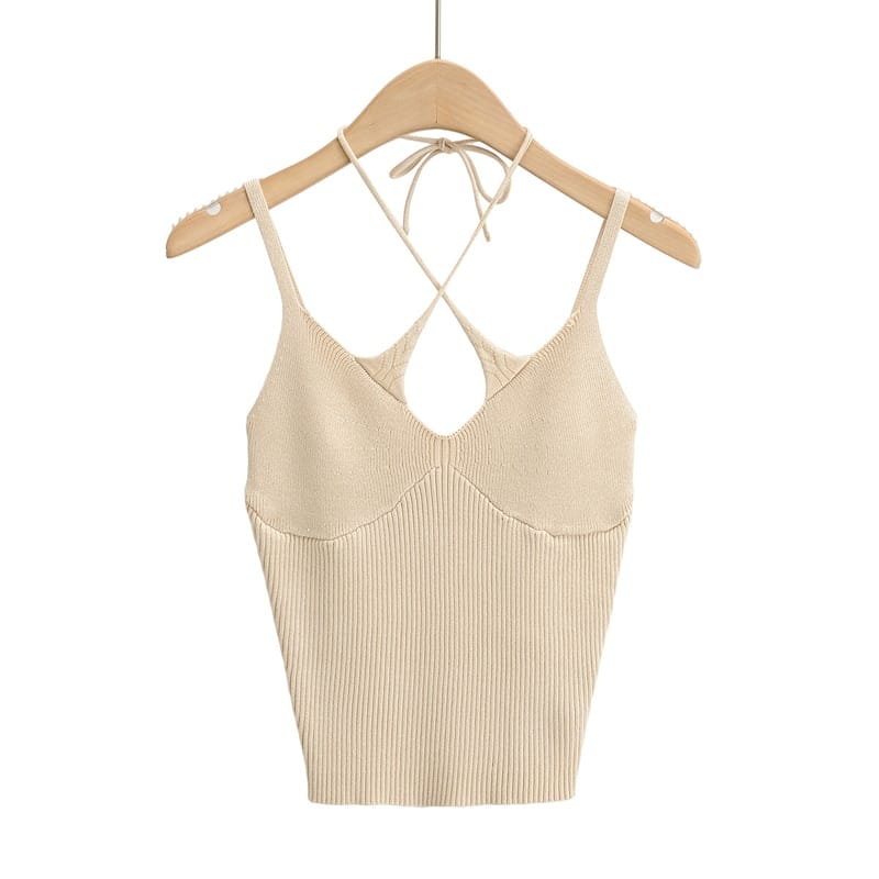 Women Beige Knitted Crop top Criss Cross Halter Cami