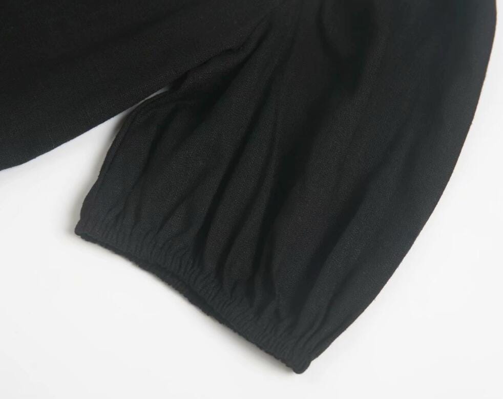 Black Cotton Square Neckline Short Puff Sleevea-line Mini Dress
