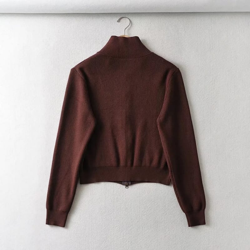 Women Brown Dual Zipper Knit Cardigan with Pockets detail