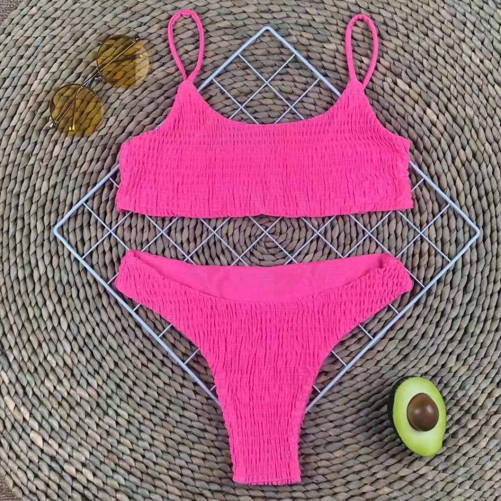 Women Peach Smocked Wrinkled Bikini Tank Set