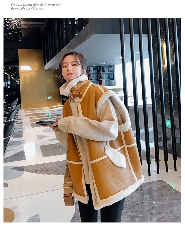 Women Shearling Sleeveless Camel Vest Coat Pu Leather thick Jacket with White Lamp Fur Midi