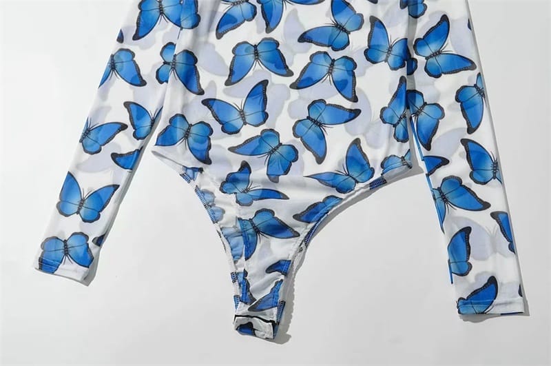 Women White High Neck Blue Butterfly Print Mesh Long Sleeve Bodysuit