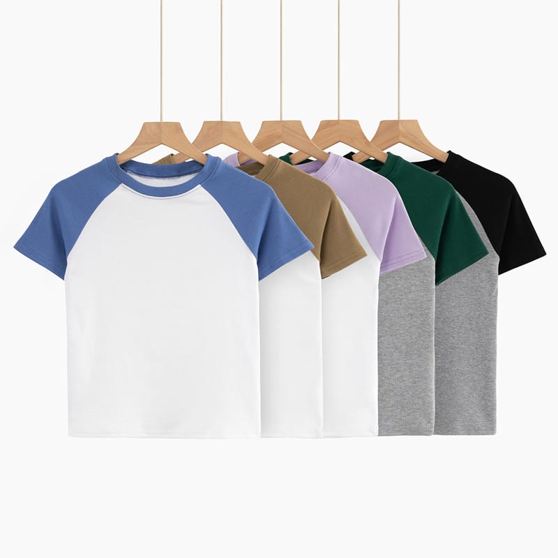 Women White Blue Color Block Short Sleeve Crop top with Crew Neck Raglan T-shirt