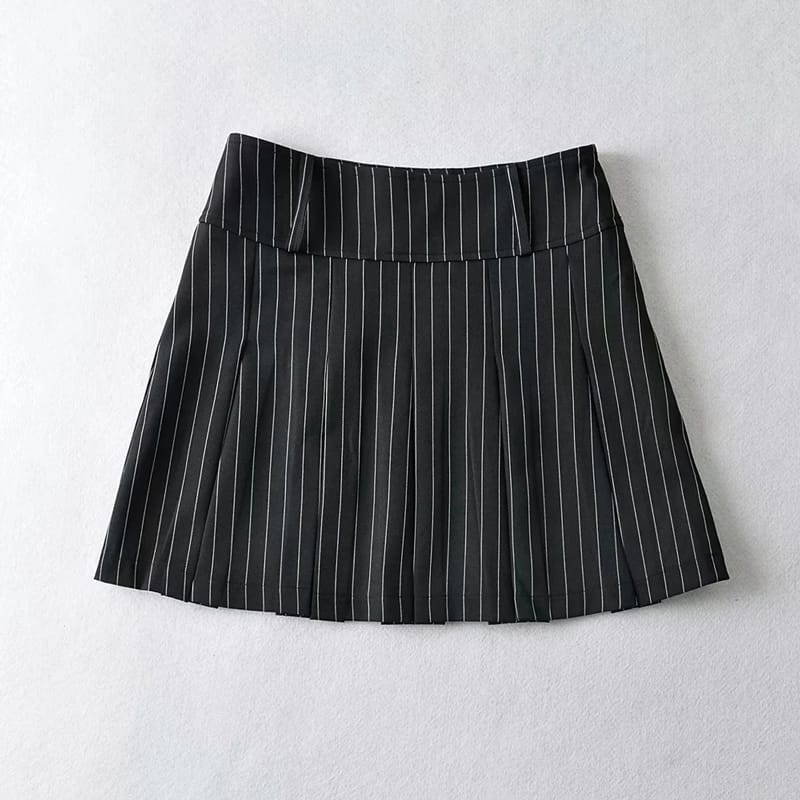 Women Black High Rise Pleated A-line Mini Skirt with White Stripes and Belt Loops detail