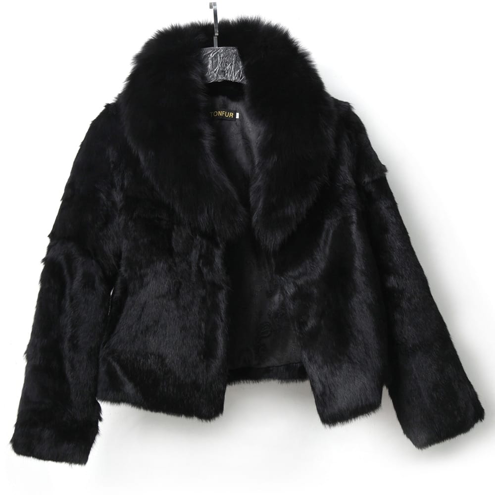 Women Black Natural Soft Rabbit Fur Coat with Big Fluffy Collar Drop Jacket