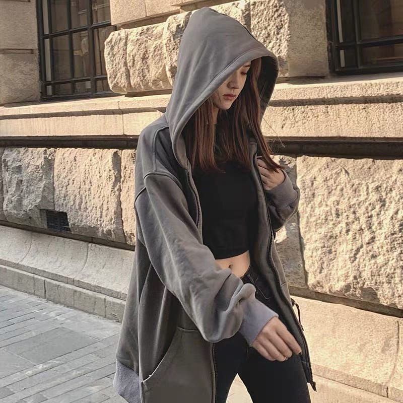 Women Grey Oversized Hooded Sweatshirt Drop Shoulder Zipper Jacket