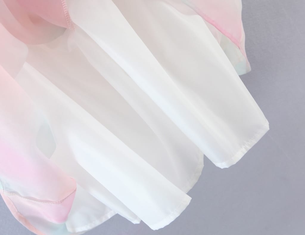 Tie Dye Colored Organza Floral Print Short Puff Sleeve Square Neckline A-line Mini Dress