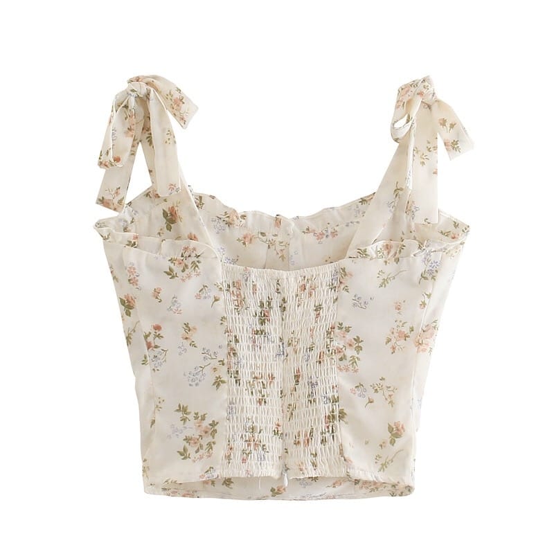 Women White Floral Cami Strap top with Center Bow and Ruched Bodice detail Tank