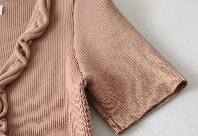 Women Khaki Vintage front Dual Center Tie Short Sleeve Knit Cardigan top with Ruffles detail