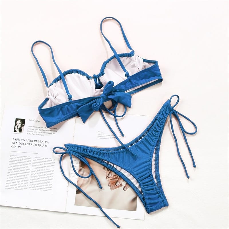 Solid Blue Ruched Sports Bra Bikini Set