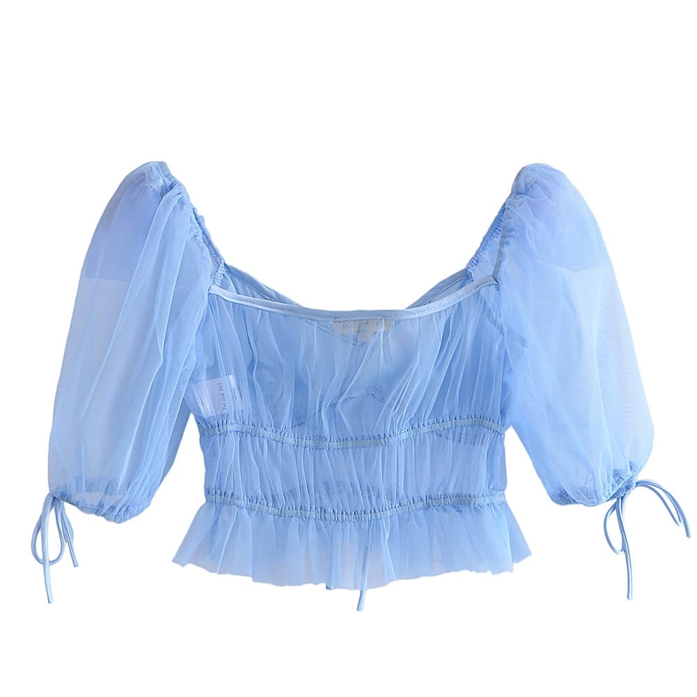 Semi Sheer Solid Blue Short Puff Sleeve Blouse with Bow Tie detail in Center and