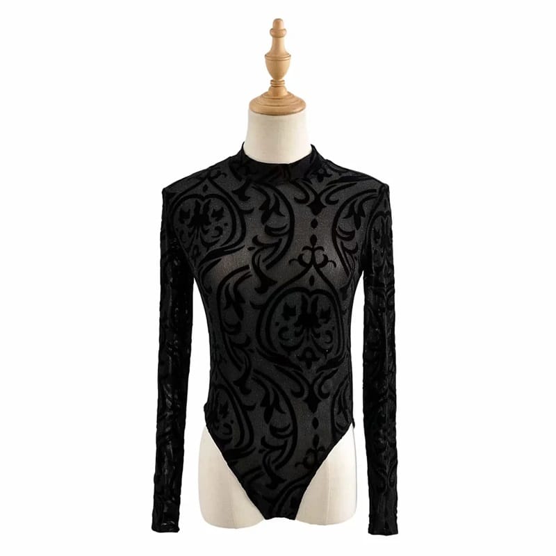 Women Black Glitter Leopard Sequin Sheer Long Sleeve Bodysuit