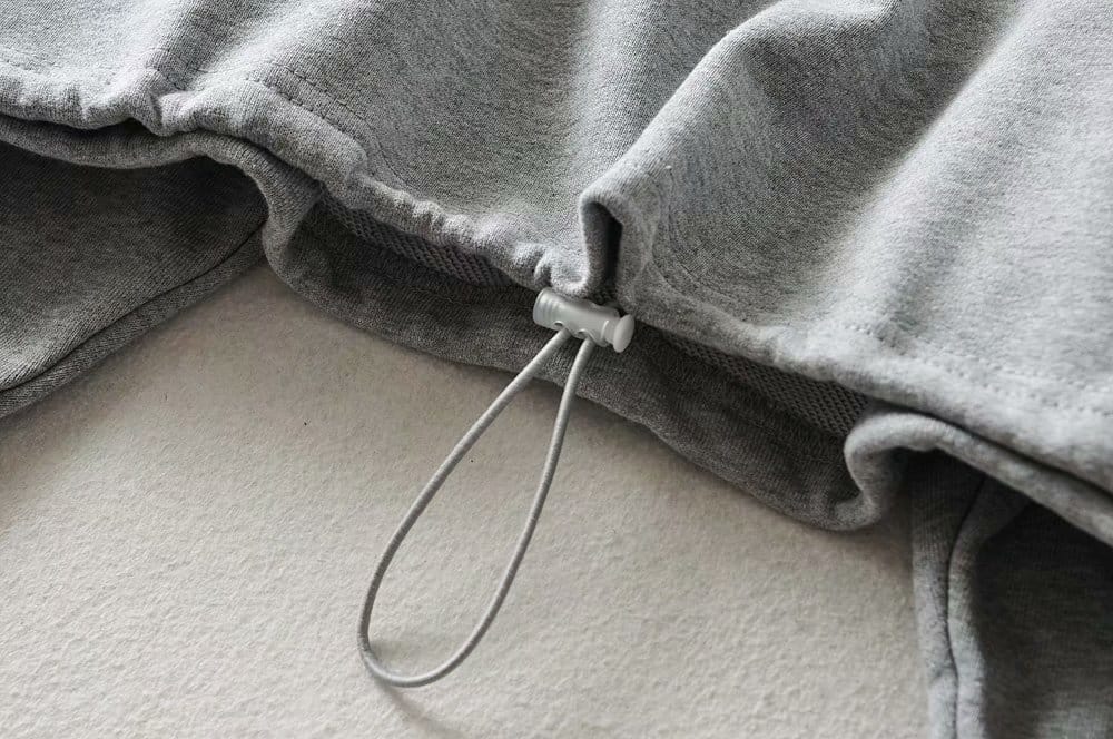 Women Grey Long Sleeve Chic Drawstring Pullover Crop top Sweatshirt with Zipper Upper detail