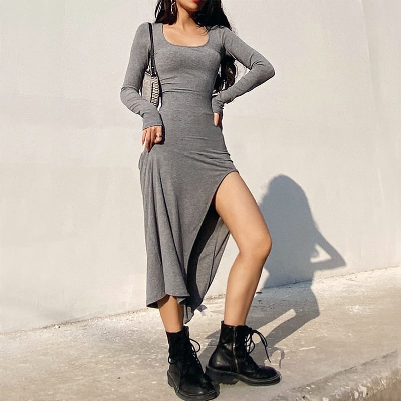Women Khaki Casual Square Scoop Neck Long Sleeved Midi Dress with High Cut side Split