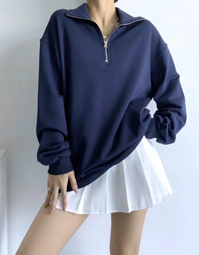 Women High Neck Half Zip Oversized Sweatshirt Drop Shoulder