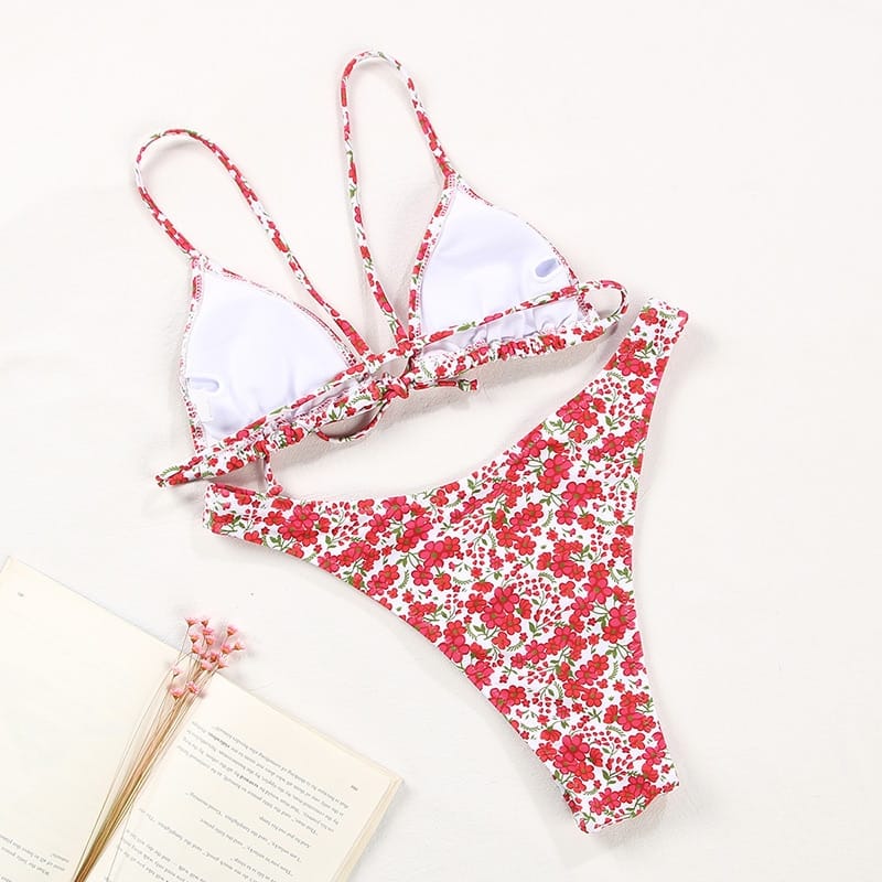 Women Yellow with Red Floral Print Bikini Set Tie front top High Waist side bottom