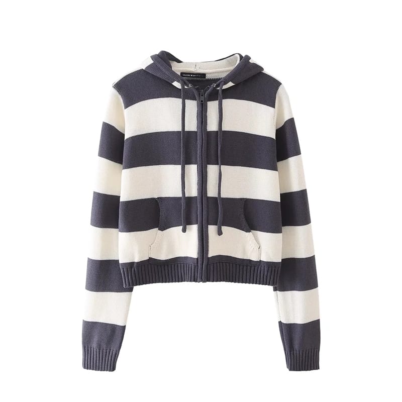 Women Blue and White Striped Knit Hoodie Cardigan with Zip