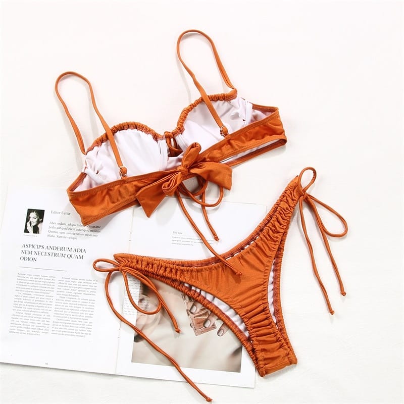 Solid Brown Underwire Ruched Push up Bikini Set