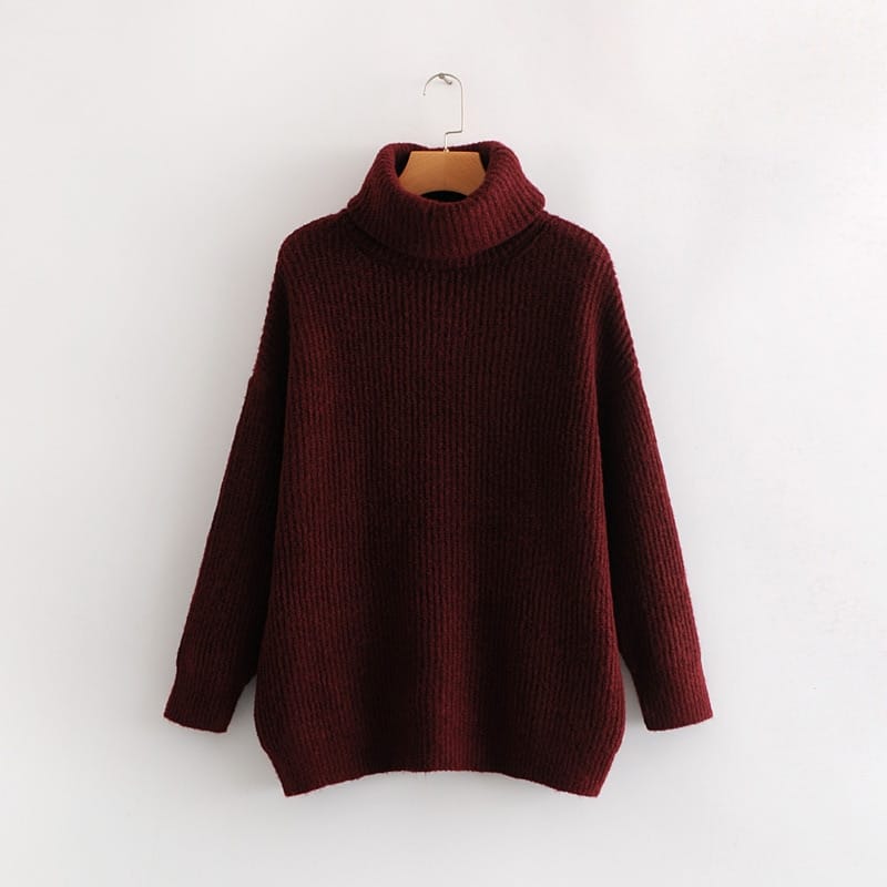 Women Wine Red Oversized Turtleneck Loose Pullovers Jumper Soft Warm Sweater