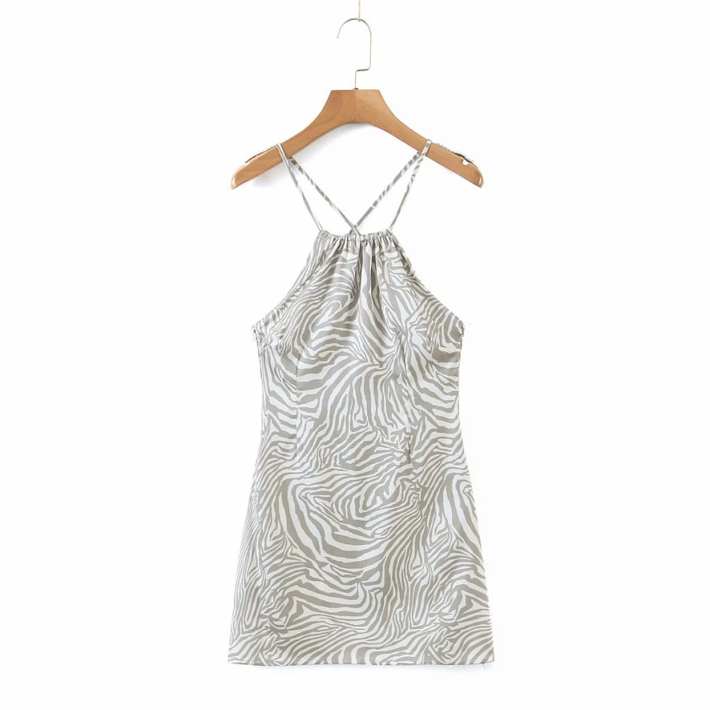 White Satin with Gray Zebra Animal Print Backless Halter Bodycon Mini Dress